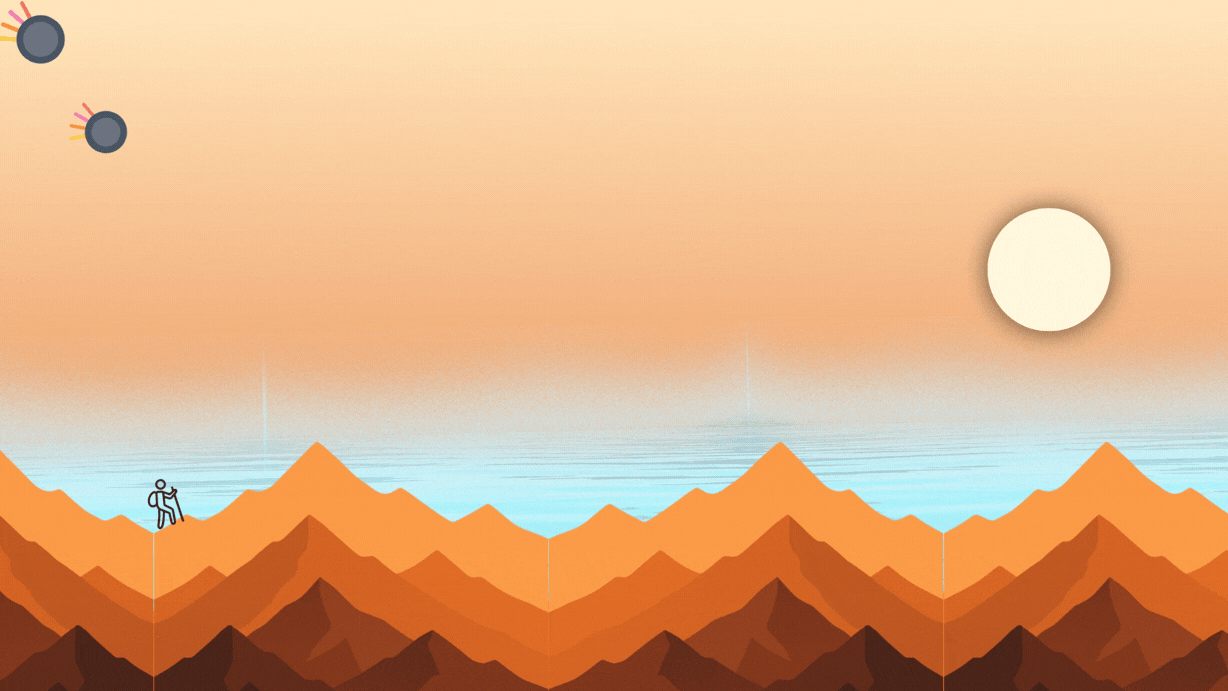 A hiker climbing an orange mountain ridge above a calm sea at sunset